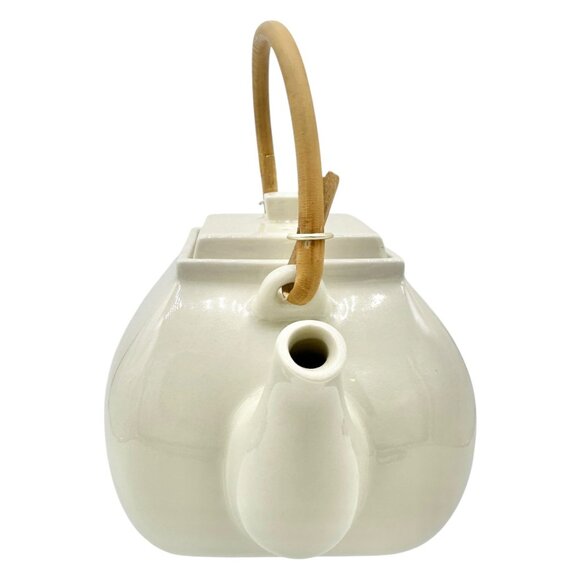 Pottery Barn Asian Square Teapot White Ceramic w Bamboo Handle Made In Japan - Picture 4 of 7